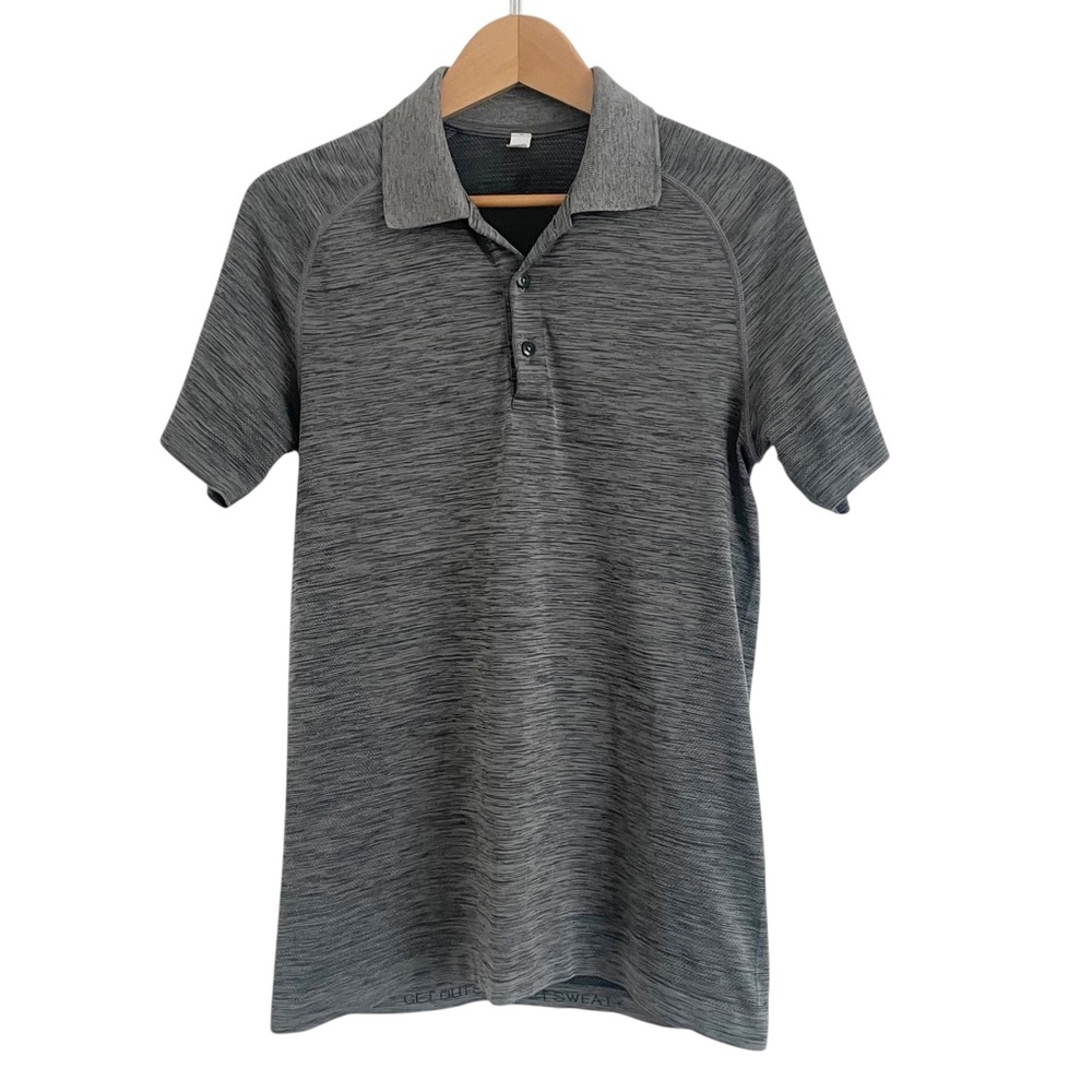 LULULEMON Heather Black & Gray Short Sleeve Polo - Excellent Pre-Owned, Small
